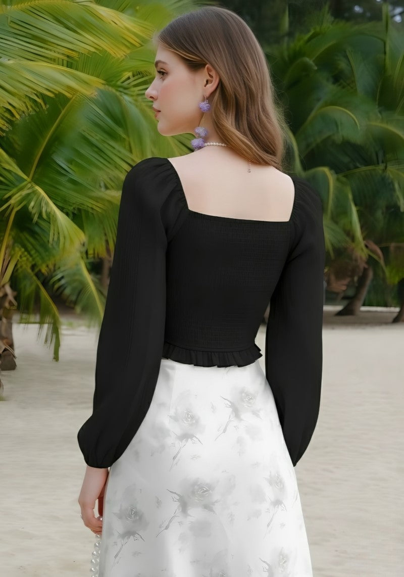 Black square neck puff sleeve crop top back design – Snazzyhunt