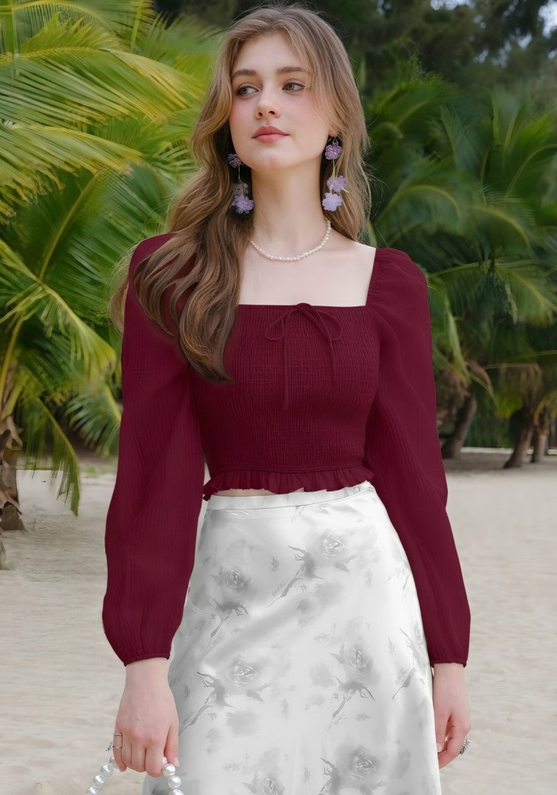 Maroon square neck puff sleeve top for women front view – Snazzyhunt