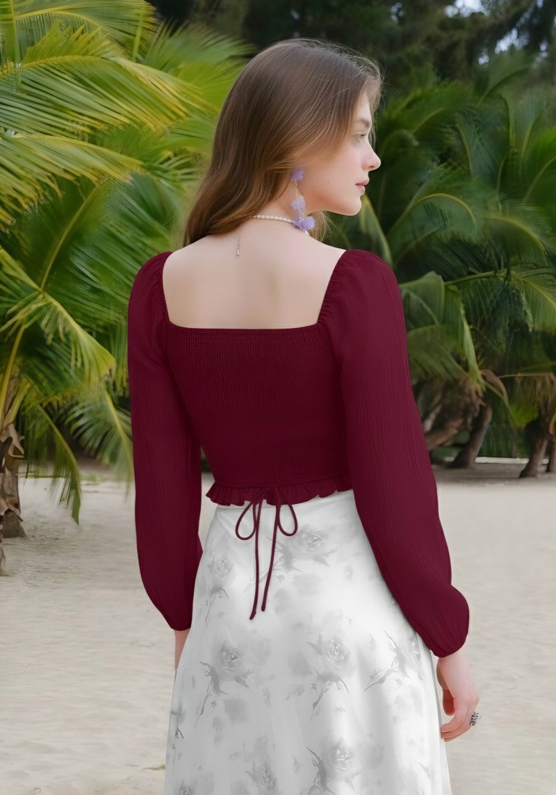 Maroon square neck puff sleeve crop top back design – Snazzyhunt
