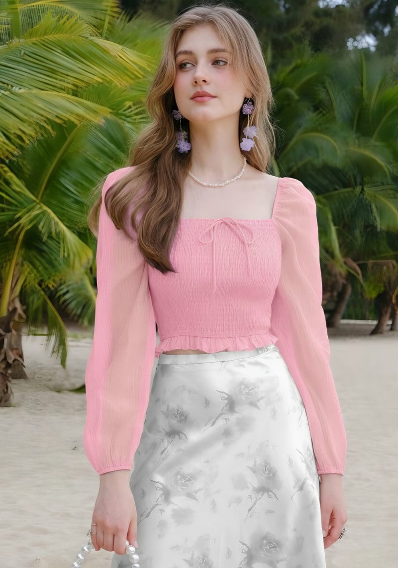 Peach square neck puff sleeve top for women front view – Snazzyhunt