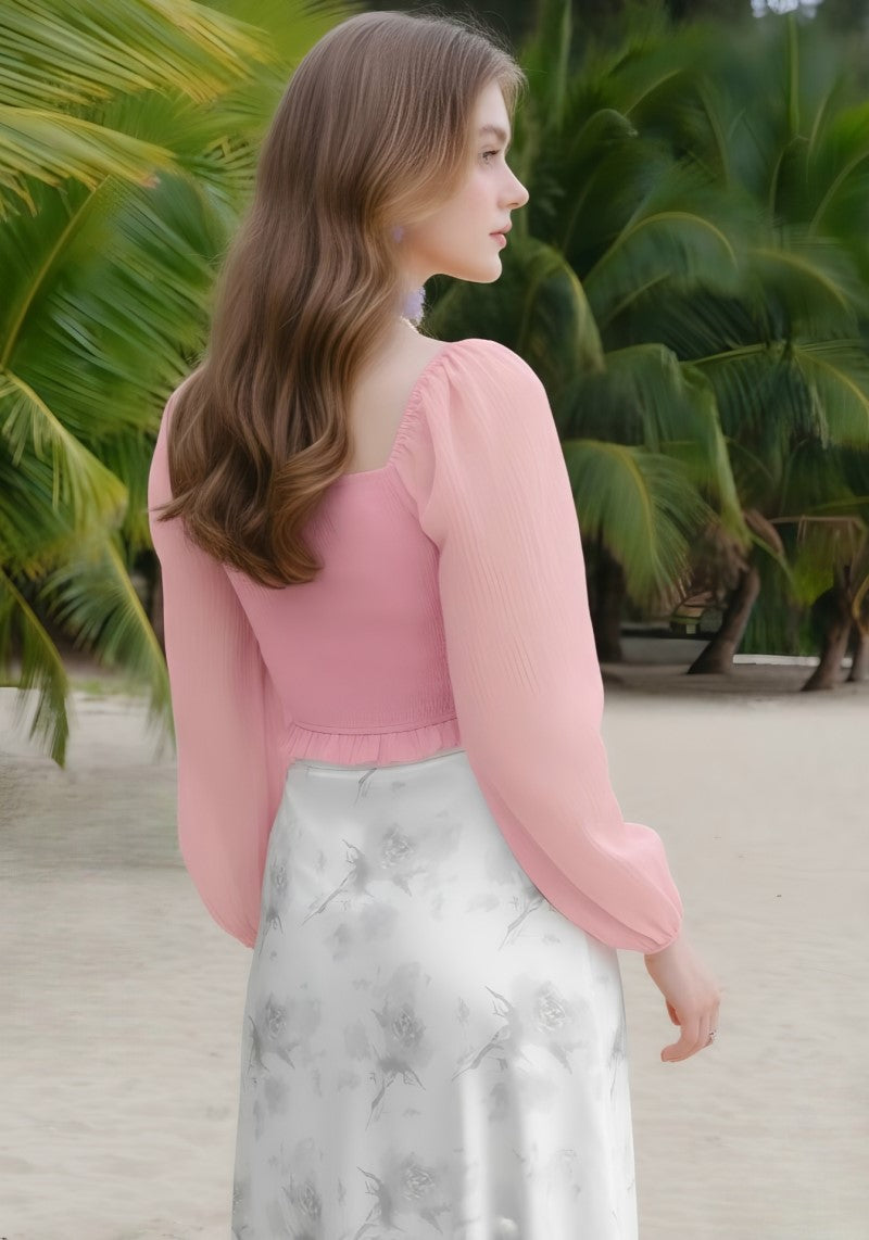 Peach square neck puff sleeve crop top back look – Snazzyhunt