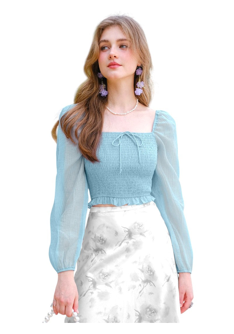 Pista green square neck puff sleeve top for women front view – Snazzyhunt