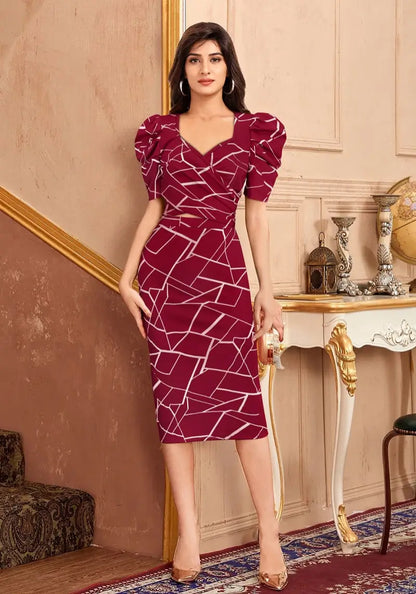 Maroon Geometric Print Puff Sleeves Top and Skirt Set