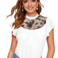 Front view of model wering White Floral Mesh Neck Printed Ruffle Sleeve Top featuring sheer black floral detailing and scalloped neckline