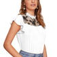 Rt Side view of the model wearing White Floral Mesh Neck Printed Ruffle Sleeve Top highlighting ruffle sleeves and mesh neckline