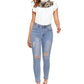  Full Front view of model wering White Floral Mesh Neck Printed Ruffle Sleeve Top featuring sheer black floral detailing and scalloped neckline