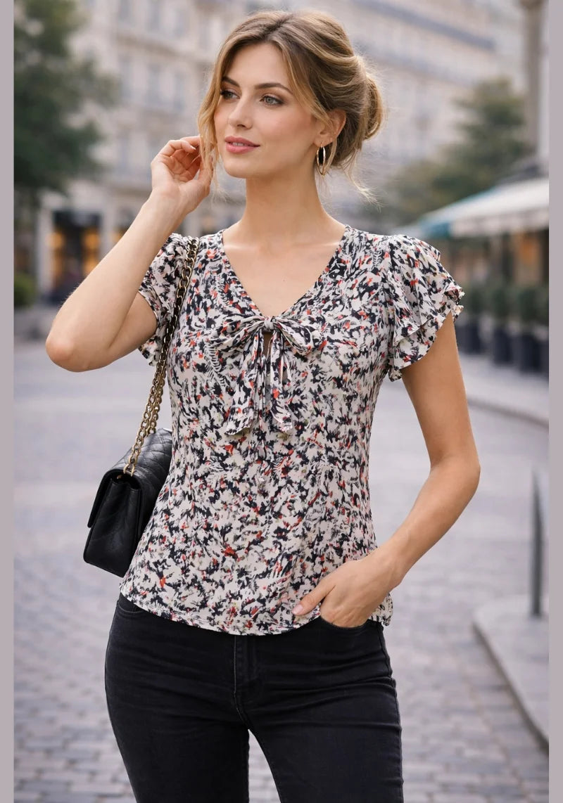 Floral Charm Georgette Tie-Up Neck Puff Sleeve Top
