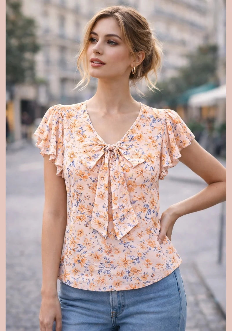 Floral Charm Georgette Tie-Up Neck Puff Sleeve Top