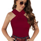 Model wearing a crimson cross halter neck sleeveless top paired with high-waist jeans, showcasing the front view.
