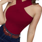 Close-up of crimson cross halter neckline top — featuring detailed stitching and elegant shoulder cut.