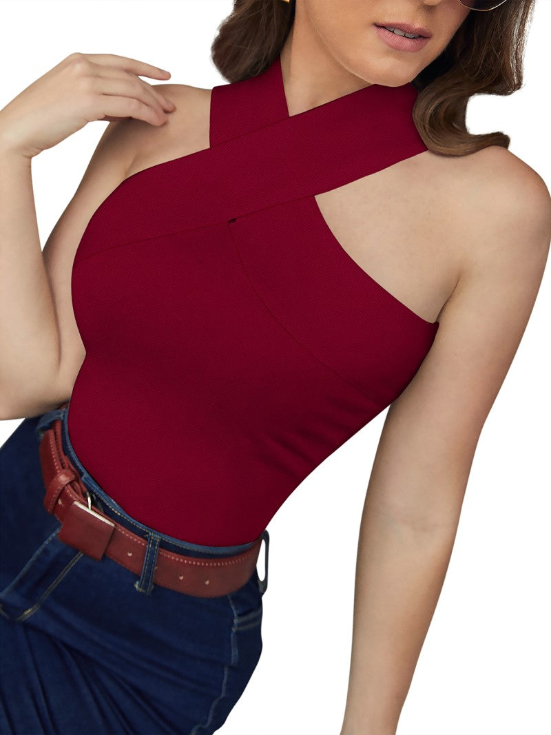 Close-up of crimson cross halter neckline top — featuring detailed stitching and elegant shoulder cut.