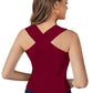 Back view of the crimson halter top — showcasing sleek design with a flattering bodycon fit.