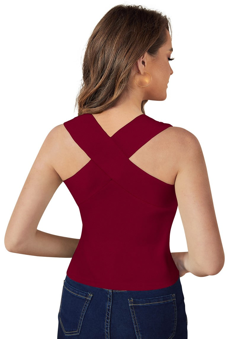 Back view of the crimson halter top — showcasing sleek design with a flattering bodycon fit.