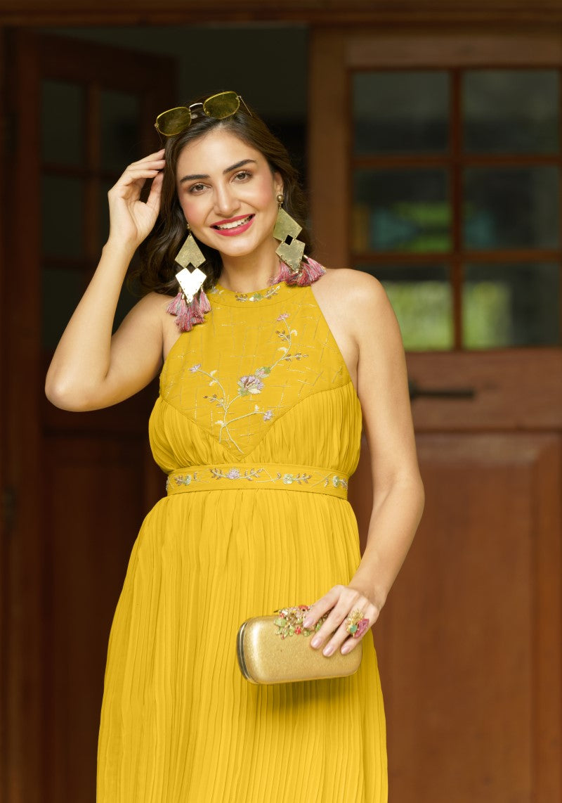 Yellow Western One Piece Belted Dress