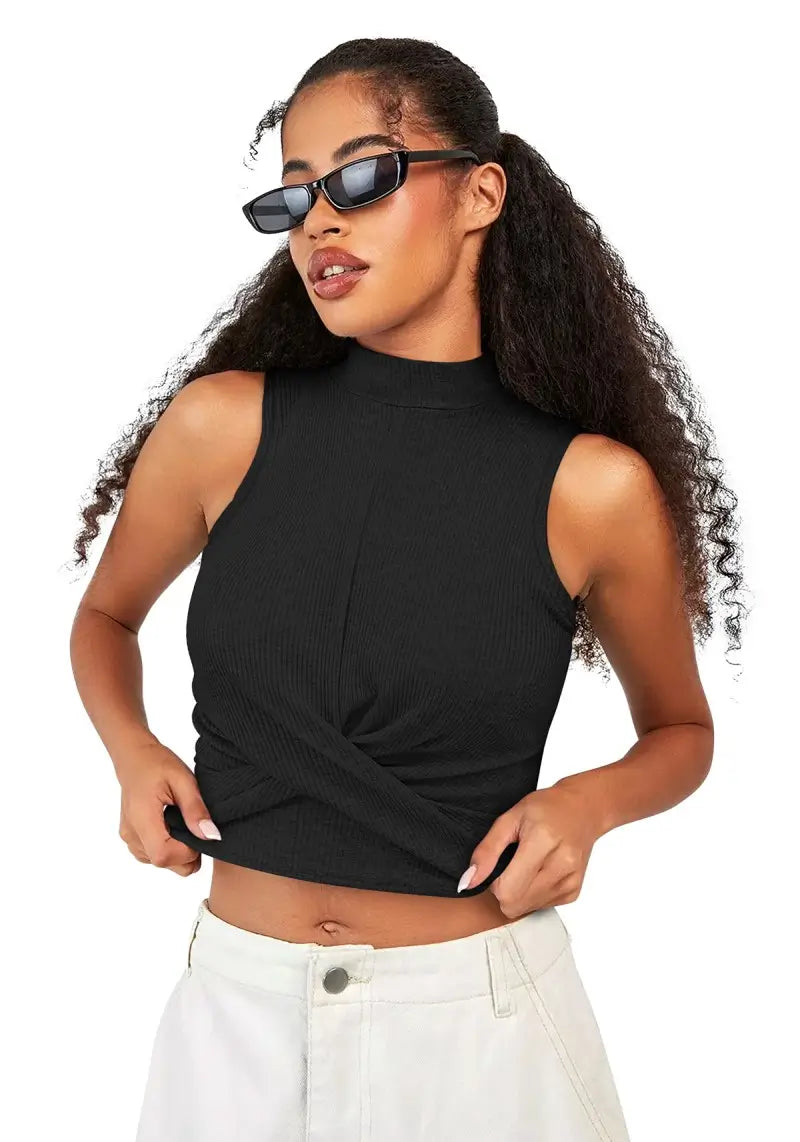 Chic Ribbed Mock Neck Designer Crop Top