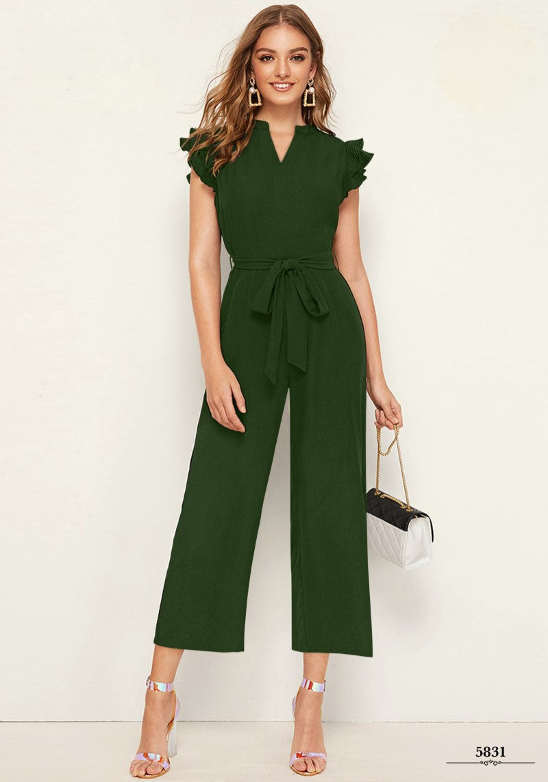 Stylish Olive Green Pleated Cap Sleeve Solid Jumpsuit