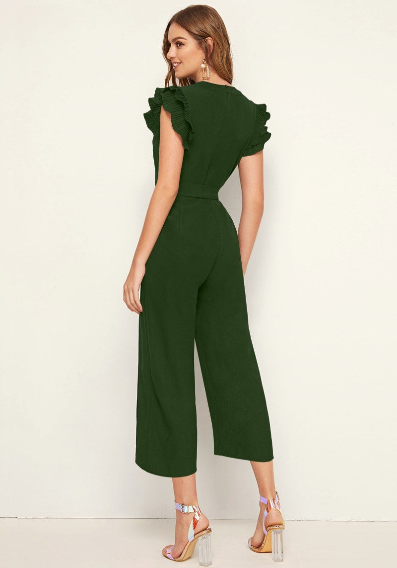 Stylish Olive Green Pleated Cap Sleeve Solid Jumpsuit