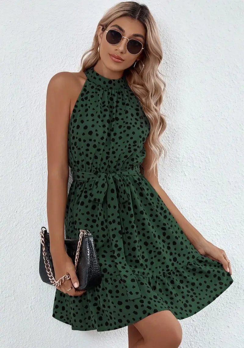 Green Polka Dot Printed Halter Neck Skater Dress