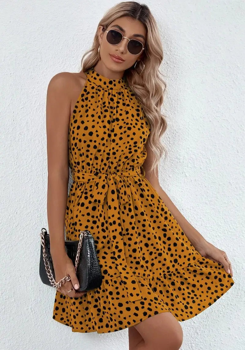 Yellow Polka Print Halter Neck Skater Dress