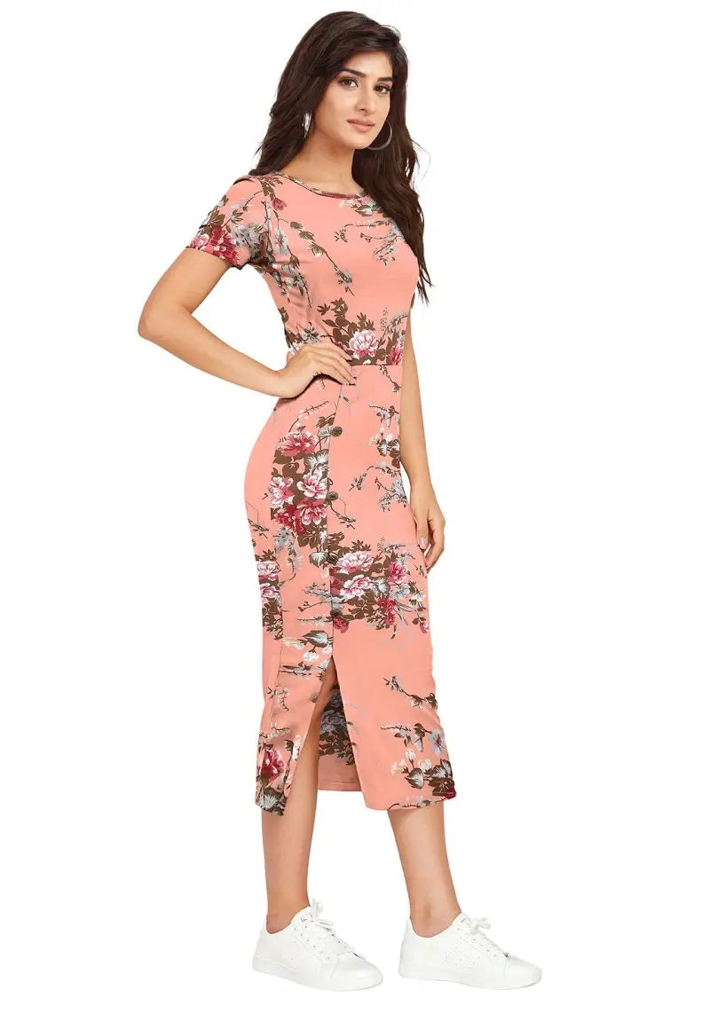 Peach Enticing Floral Printed Side-Slit Bodycon Dress