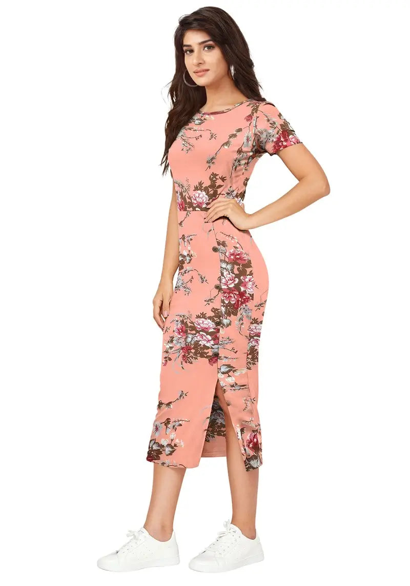 Peach Enticing Floral Printed Side-Slit Bodycon Dress