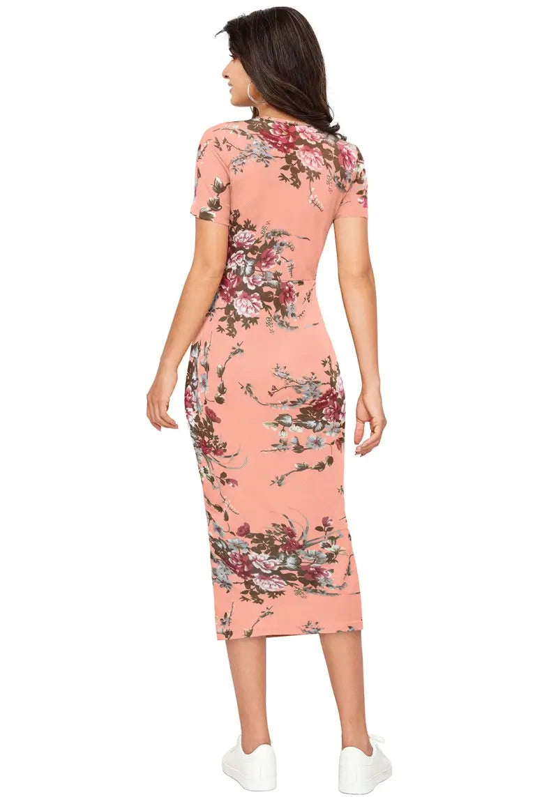 Peach Enticing Floral Printed Side-Slit Bodycon Dress