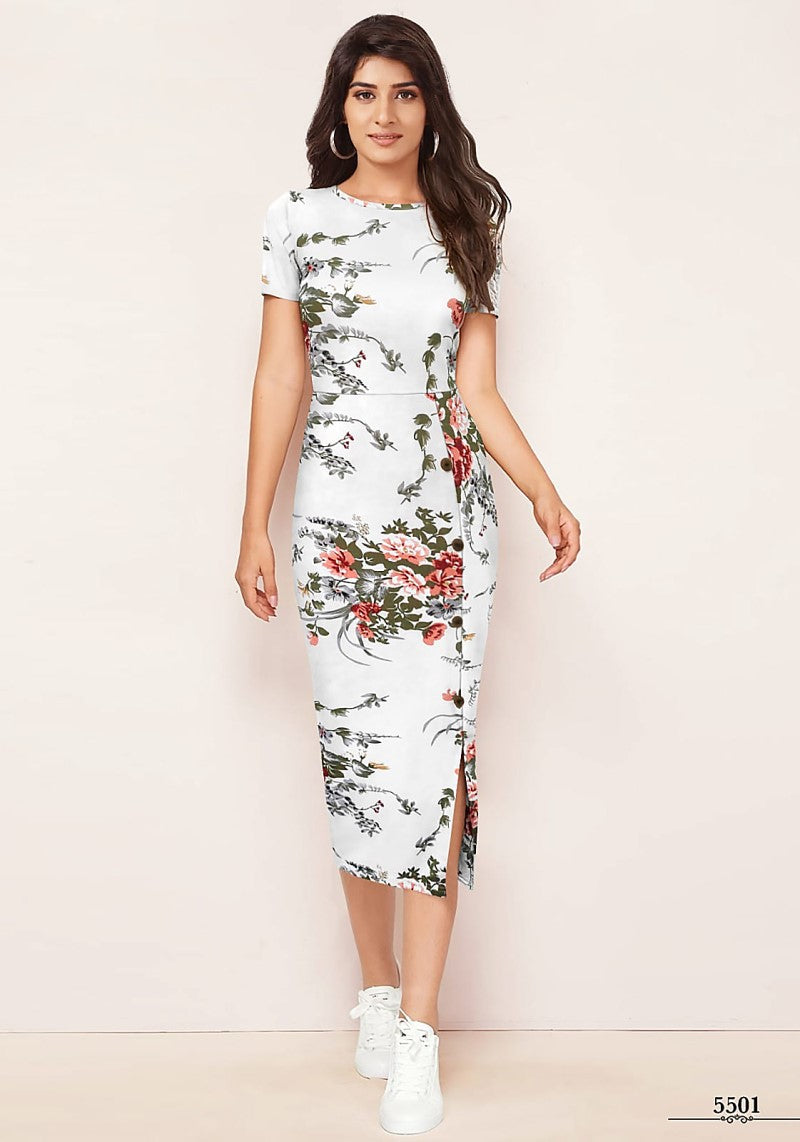 Enticing White Floral Printed Side-Slit Bodycon Dress