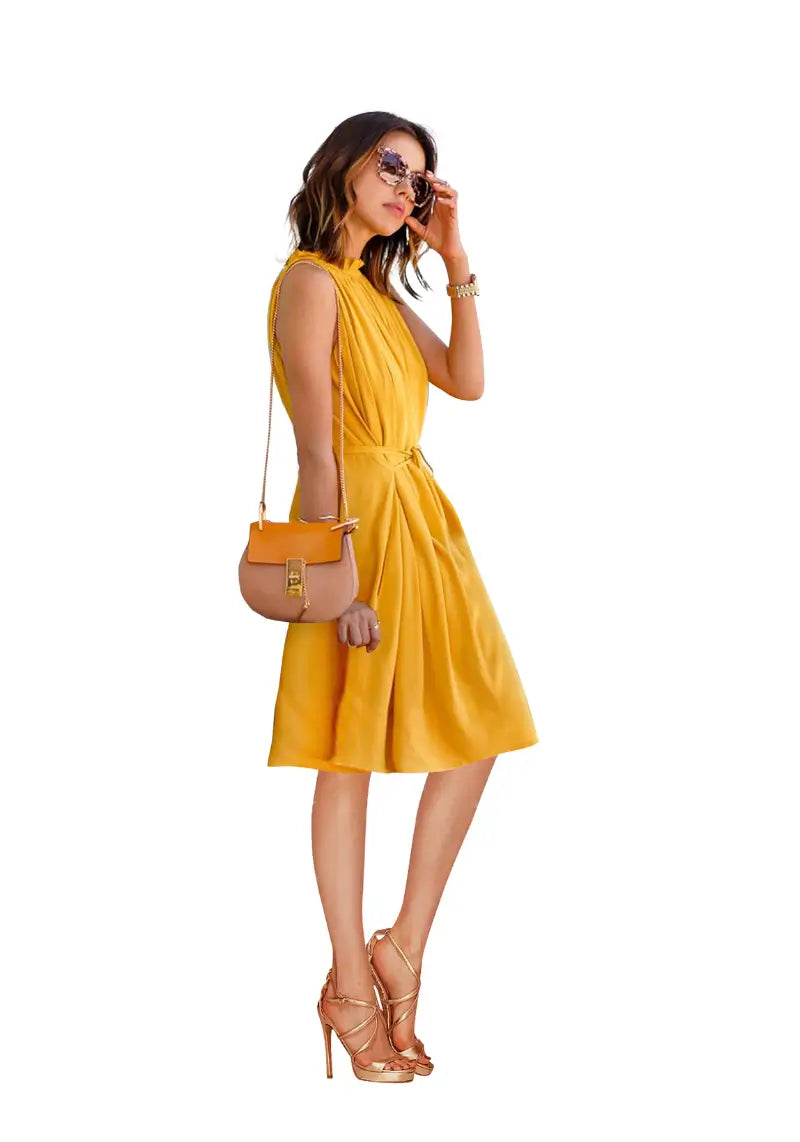 Yellow Western Halter Neck Pleated Short Dress