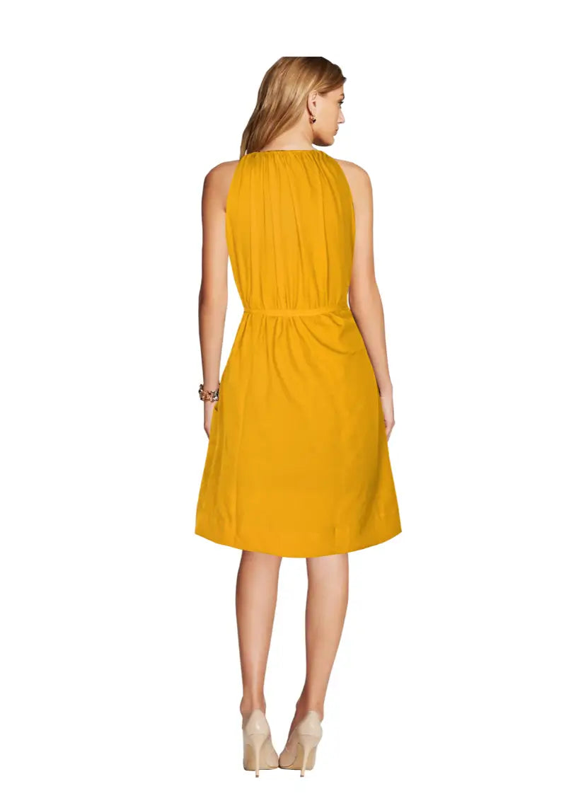 Yellow Western Halter Neck Pleated Short Dress