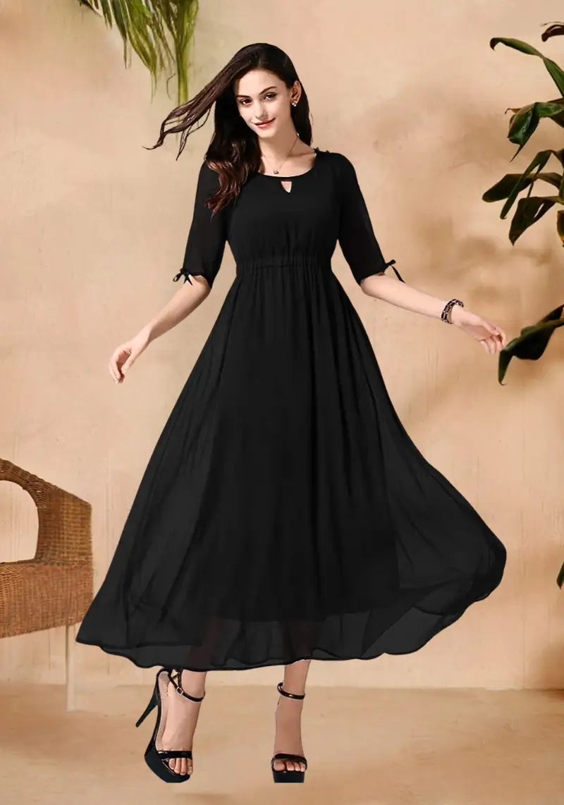 Chic Designer Georgette Waist Elastic Sleeve Dress