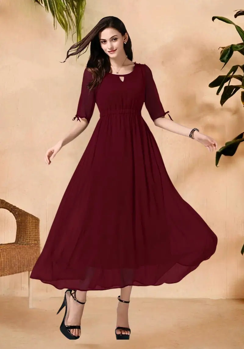 Chic Designer Georgette Waist Elastic Sleeve Dress