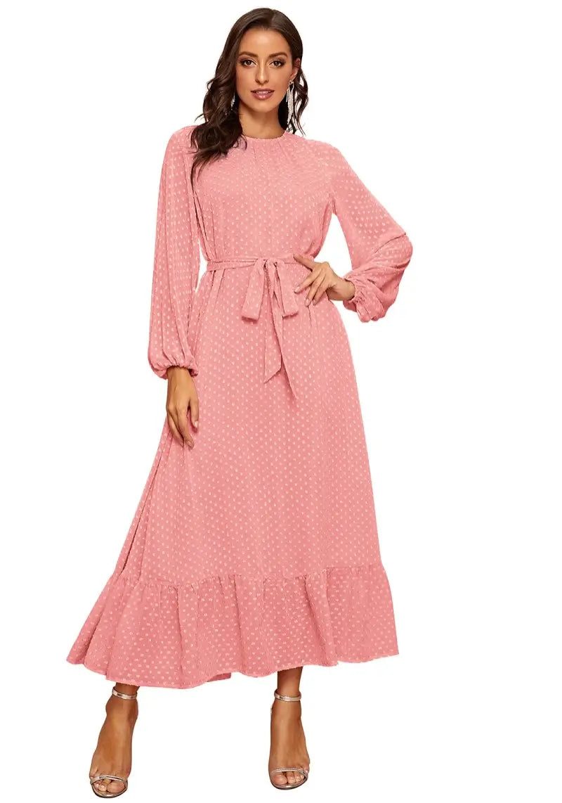 Peach Raglan Sleeve Flounce Hem Swiss Dot Dress