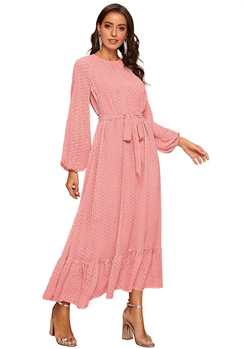 Peach Raglan Sleeve Flounce Hem Swiss Dot Dress