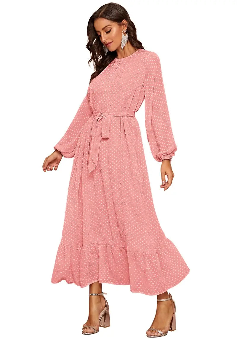 Peach Raglan Sleeve Flounce Hem Swiss Dot Dress