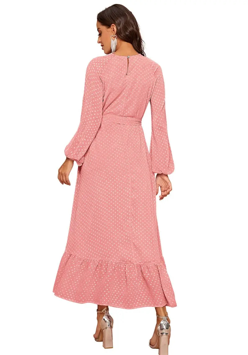 Peach Raglan Sleeve Flounce Hem Swiss Dot Dress