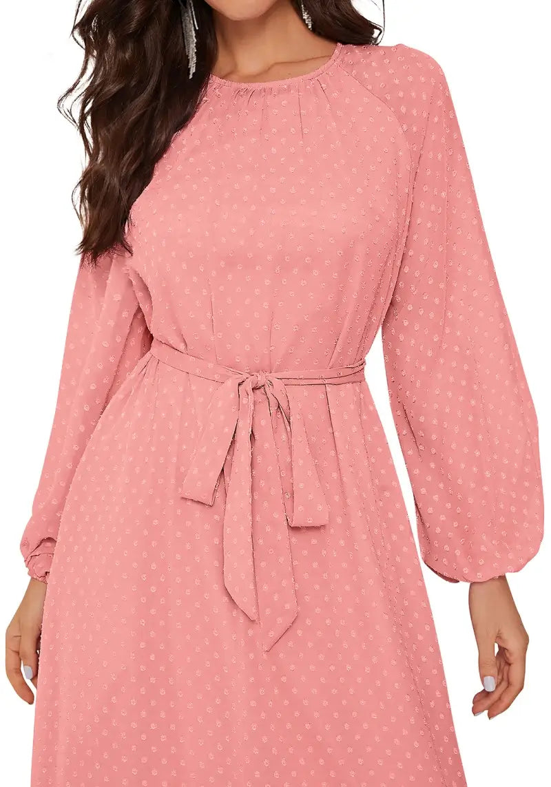 Peach Raglan Sleeve Flounce Hem Swiss Dot Dress