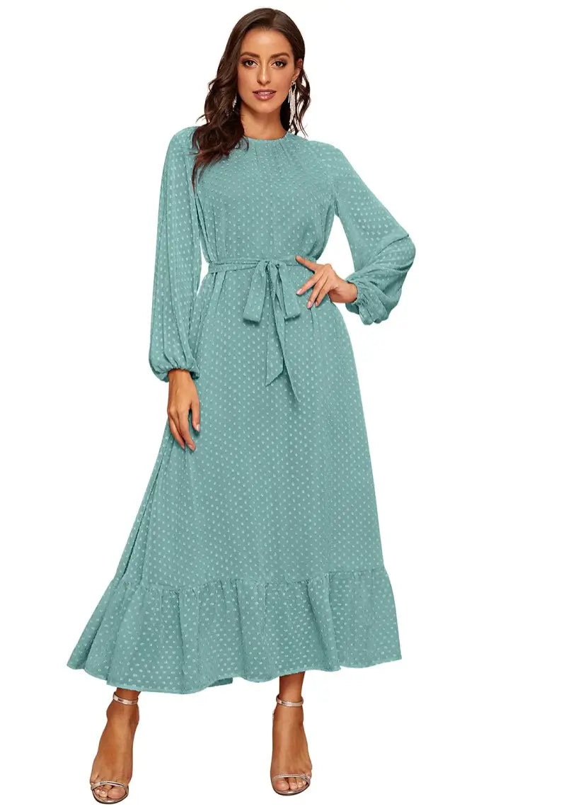 Elegant Raglan Sleeve Flounce Hem Swiss Dot Dress