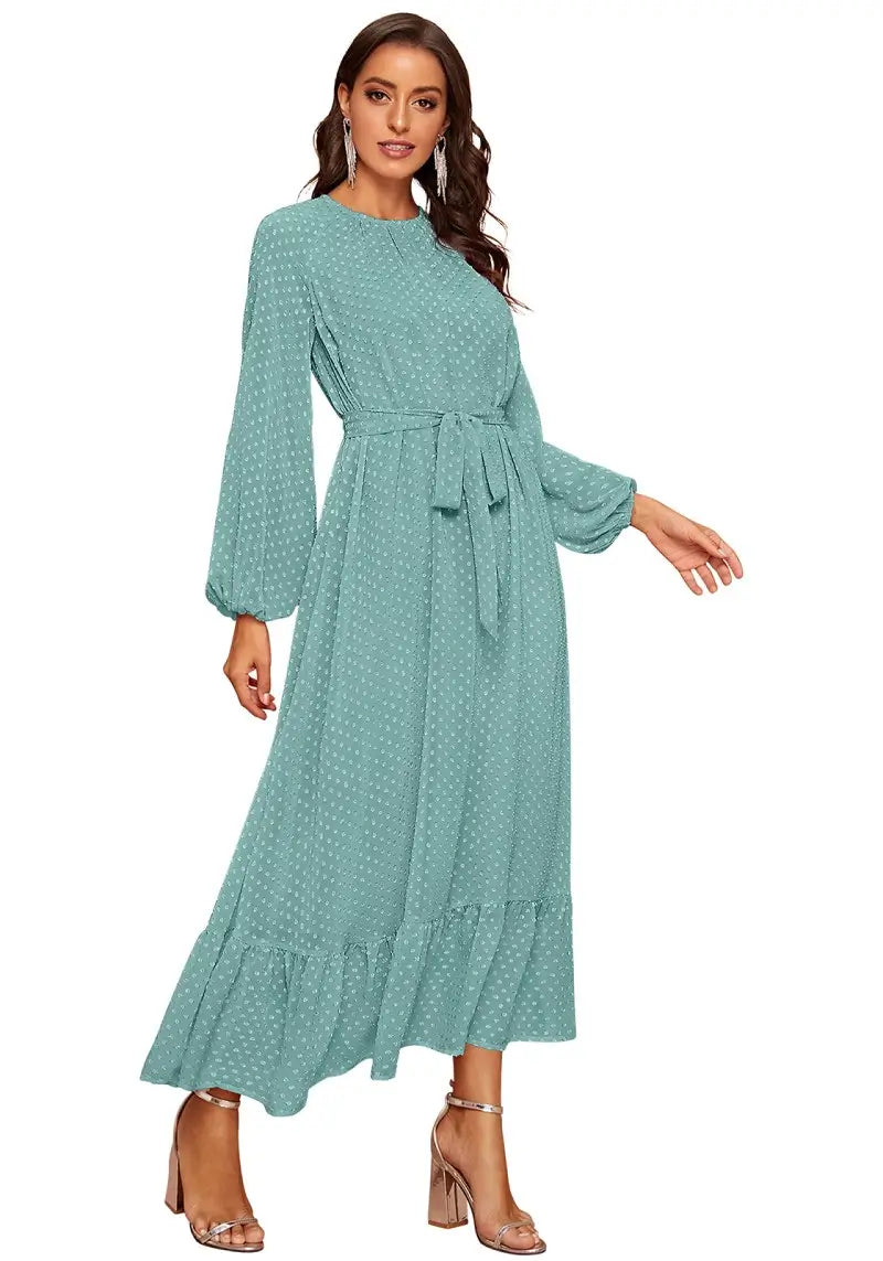 Elegant Raglan Sleeve Flounce Hem Swiss Dot Dress