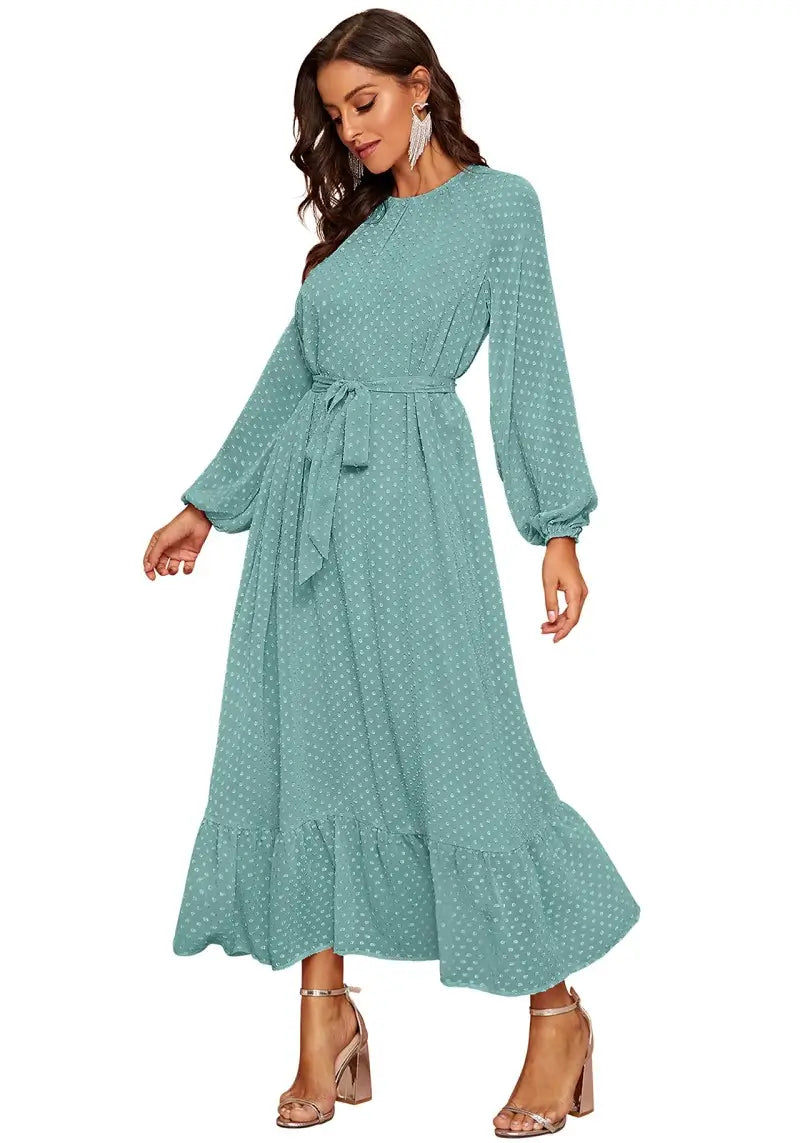 Elegant Raglan Sleeve Flounce Hem Swiss Dot Dress