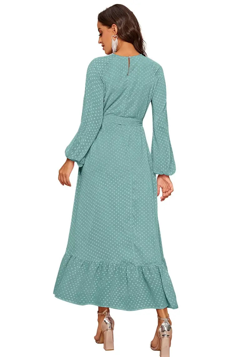 Elegant Raglan Sleeve Flounce Hem Swiss Dot Dress