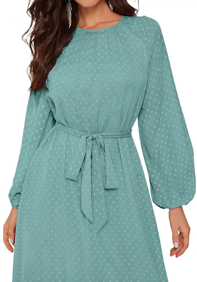 Elegant Raglan Sleeve Flounce Hem Swiss Dot Dress