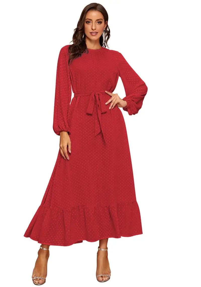 Elegant Red Raglan Sleeve Flounce Hem Swiss Dot Dress