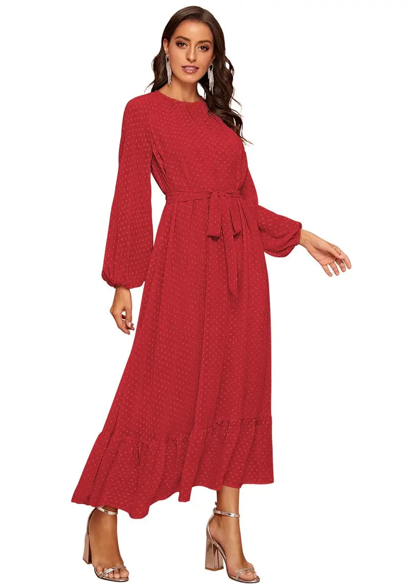 Elegant Red Raglan Sleeve Flounce Hem Swiss Dot Dress