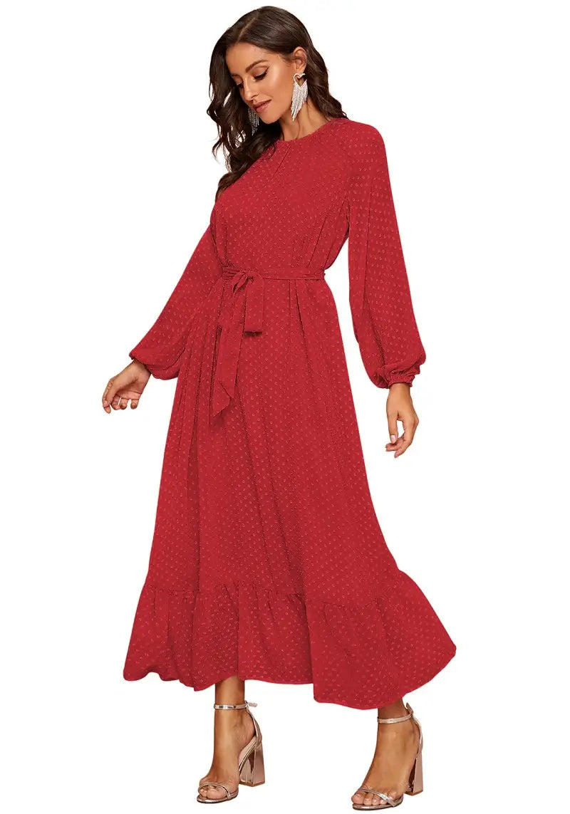 Elegant Red Raglan Sleeve Flounce Hem Swiss Dot Dress