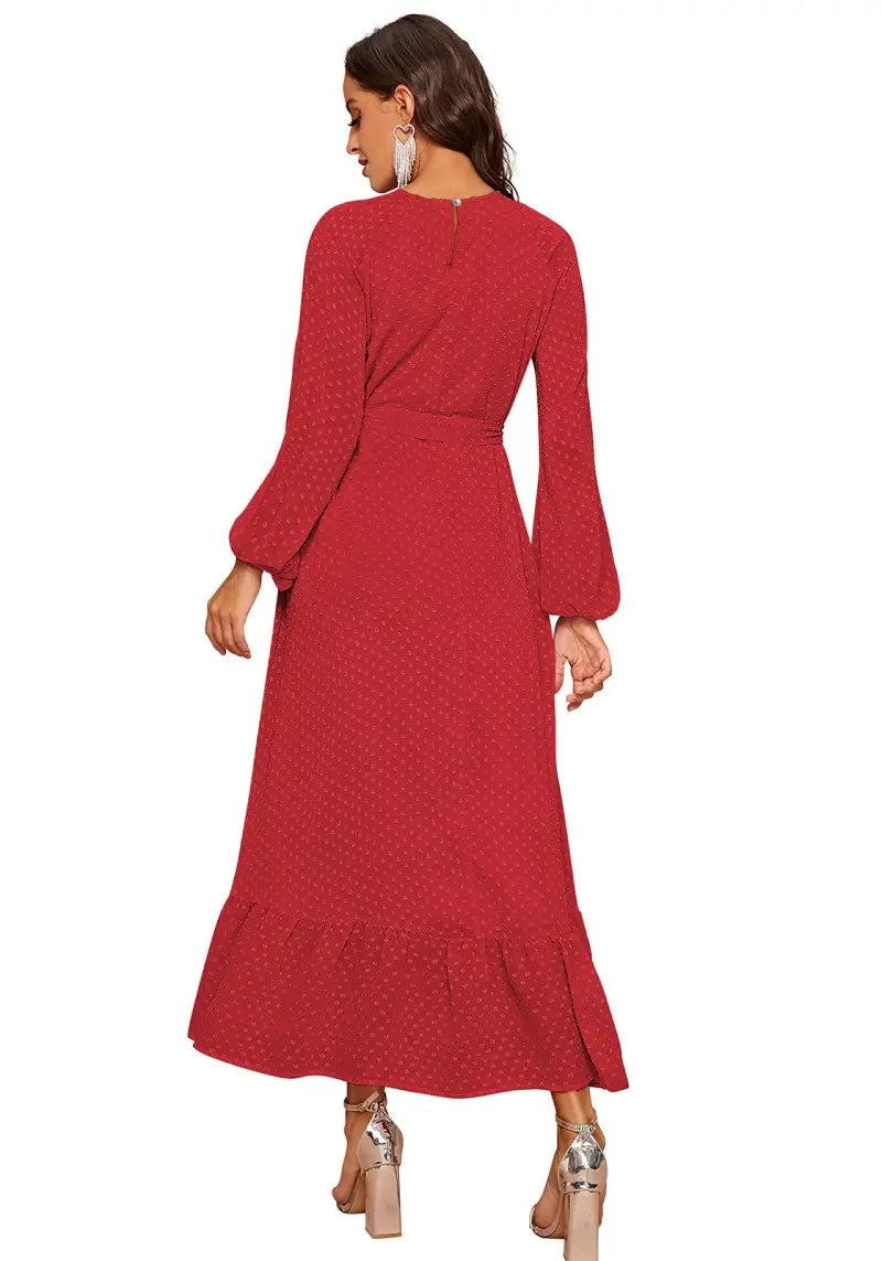 Elegant Red Raglan Sleeve Flounce Hem Swiss Dot Dress