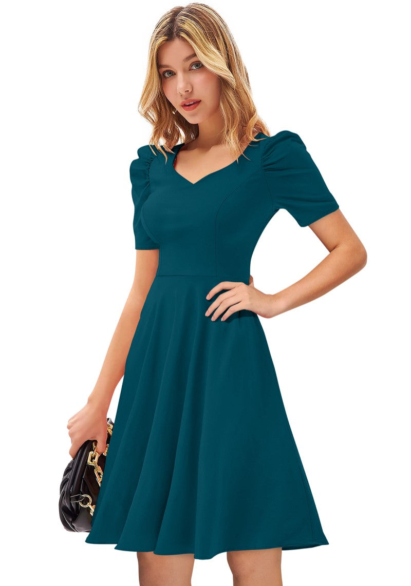 Designer Morpich Solid Puff Sleeves Skater Midi Dress