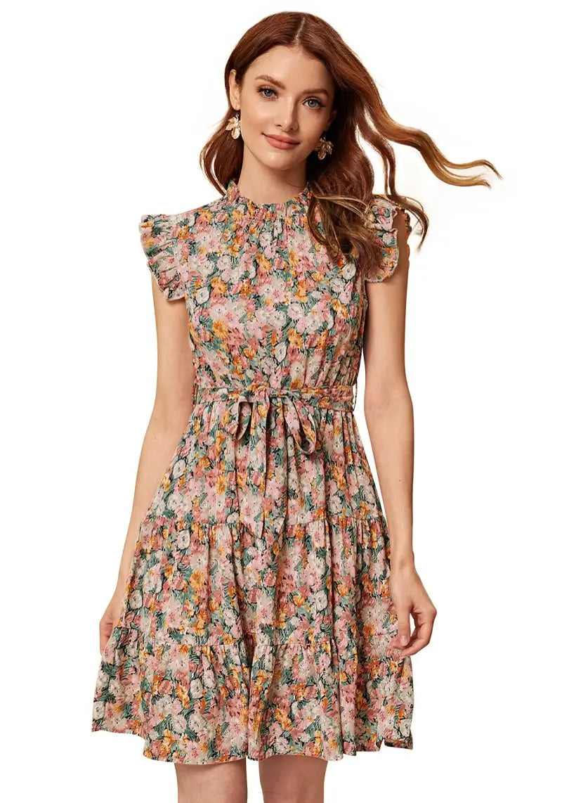 Designer Multi Floral Print Cap Sleeve Short Dress