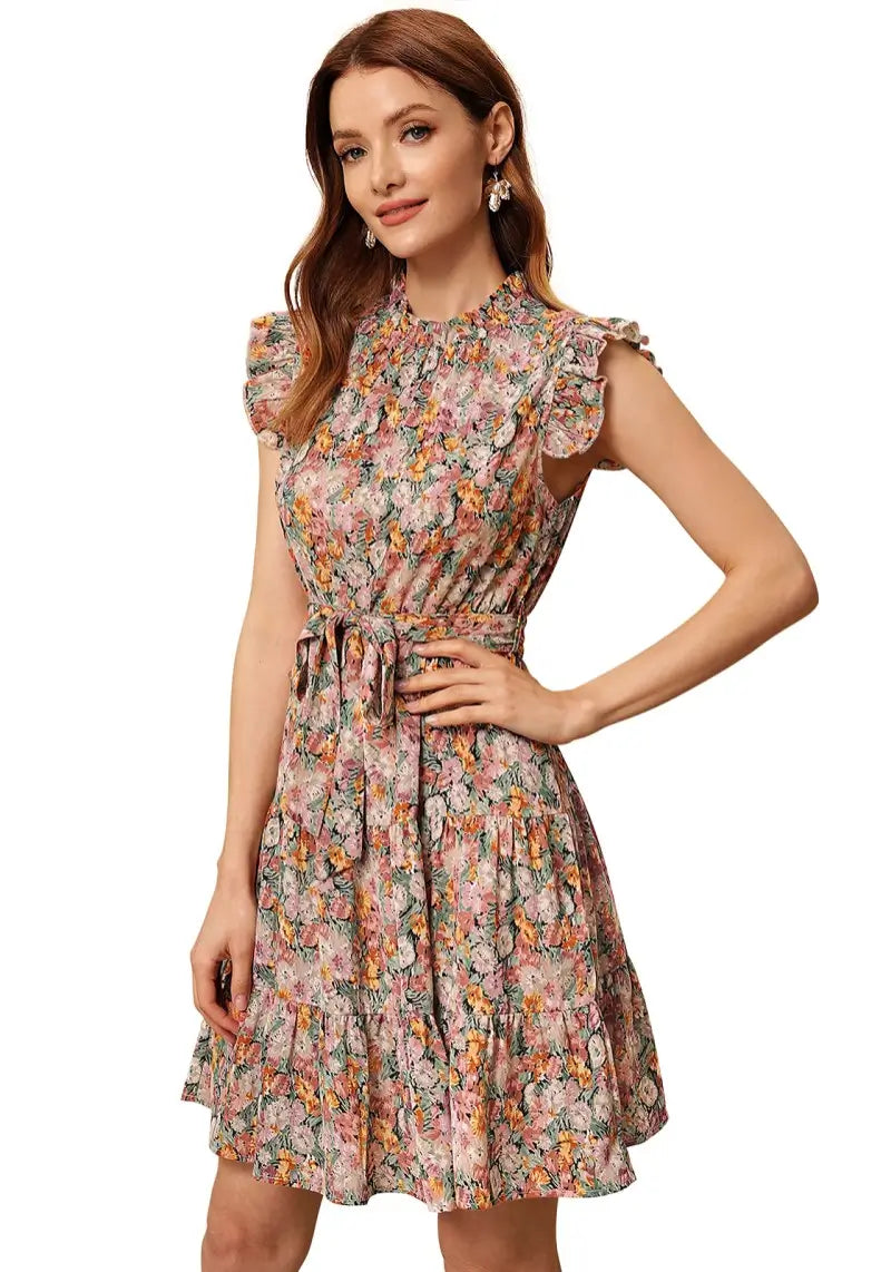 Designer Multi Floral Print Cap Sleeve Short Dress - Premium Ruby Slub, Mock Neck, Waist Tie Belt | Snazzyhunt SNAZZYHUNT Designer Multi Floral Print Cap Sleeve Short Dress - Premium Ruby Slub, Mock Neck, Waist Tie Belt | Snazzyhunt SNAZZYHUNT