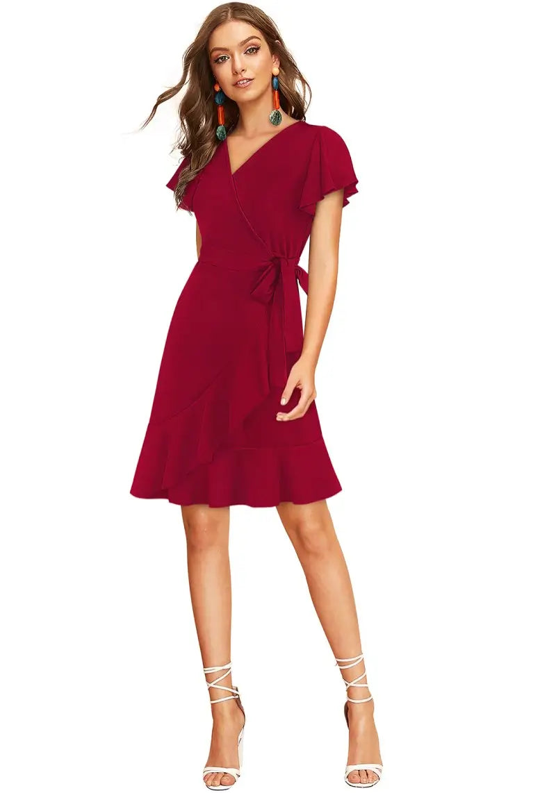 Western V-Neck Flared Sleeves Ruffle Wrap Dress