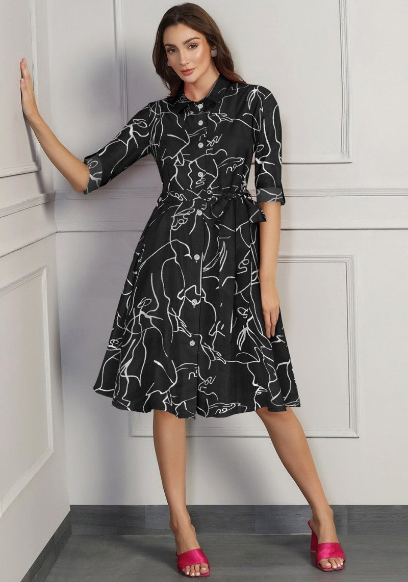 Chic Black A-Line Midi Dress with Vibrant Prints